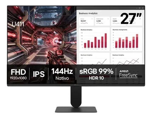 Monitor Lg 27" Fhd Ips 1ms (Mbr), 144Hz Nativo, FreeSync, Hdr10, sRGB, Modo leitura, Flicker Safe, Hdmi, Black Stabilizer, Dynamic Action Sync, Preto 27U411b