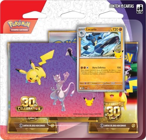 Pokémon TCG, Celebração de 30 anos Blister Triplo com Adesivo Pokémon Lucario