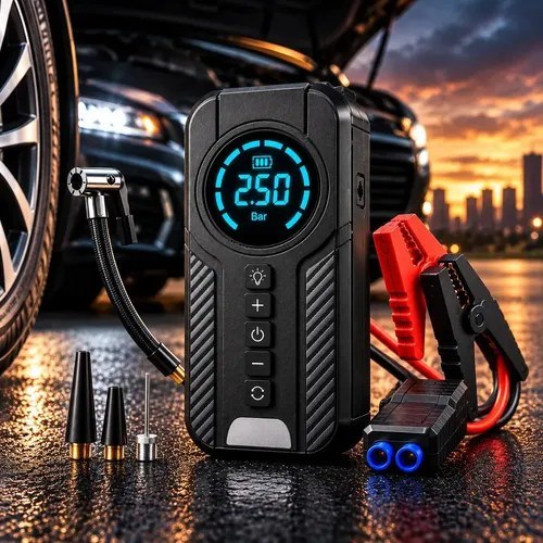 Auxiliar De Partida Bateria Carro Compressor De Ar Portátil 12V 4 funções em 1 Inflador Digital Calibrador Pneu Power Bank Lanterna Led Emergência Automotiva Moto Suv Bicicleta Cam