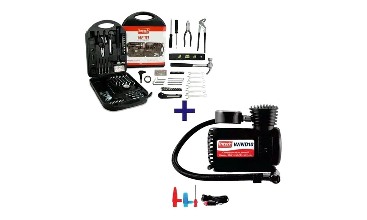 Kit Ferramentas Maleta 151 Peças + Mini Compressor De Ar 12v