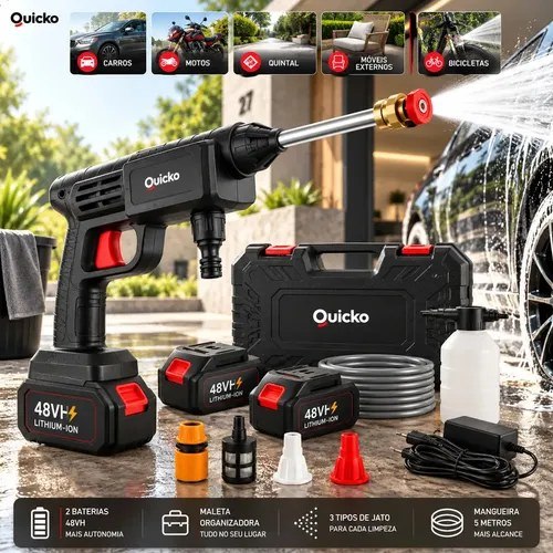 Lavadora De Alta Pressão Vap Portátil Sem Fio Bateria Lava Jato Elétrica Recarregável P/ Lavar Carro Moto Quintal C/ 2 Baterias Quicko Bico Mangueira Dispenser De Sabão Lavadora Al