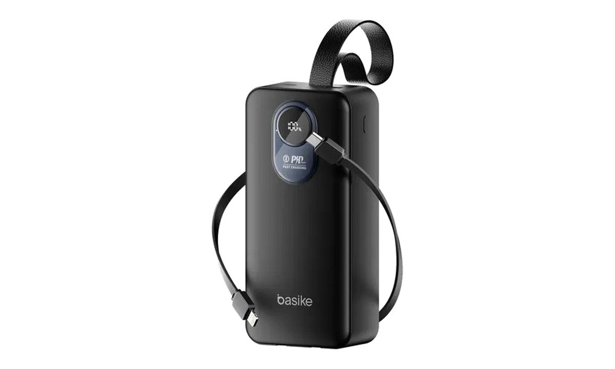 Power Bank Basike 30.000mAh Portátil, Carregamento Rápido 22.5W, com Cabos Embutidos e Display LED para iPhone e Samsung