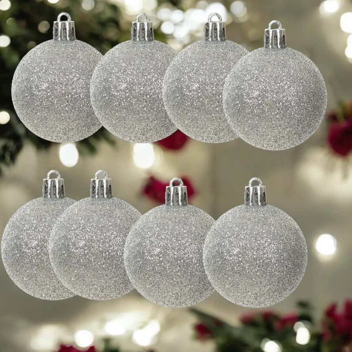 Kit Bolas De Natal Prata Com Glitter Luxo Florarte C/8un
