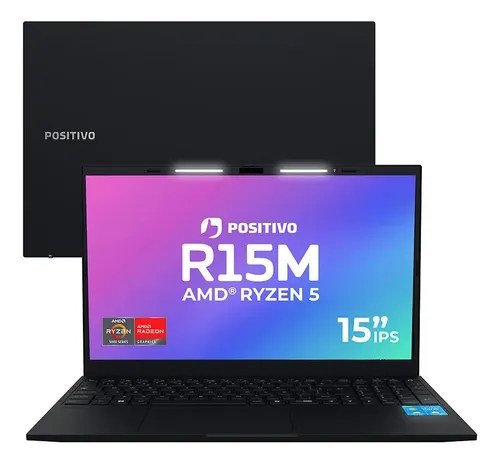 Notebook Positivo Vision R15M AMD Ryzen 5-5625U Linux 8GB RAM 256GB SSD Wi-Fi 6 Tela 15" Full HD IPS Antirreflexo Minitela 1,54" Lumina Bar com 3 Níveis Permite upgrade de memória RAM e SSD Preto