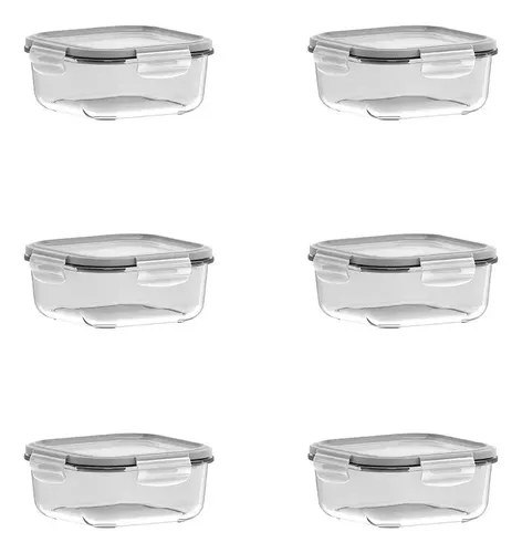 Conjunto De Potes 6 Peças Quadrados 830ml Com Tampa Hermética Cristalino Marinex
